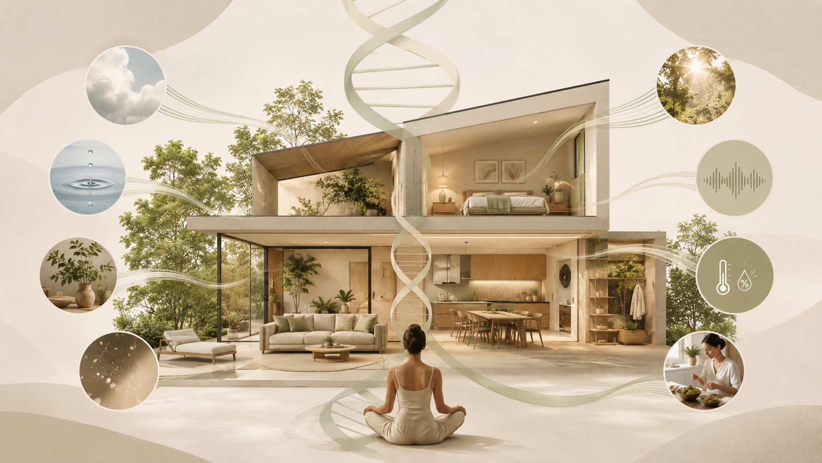 Representación de una vivienda conectada con el aire, el agua, la luz, el ruido, la temperatura, los hábitos y la biología humana