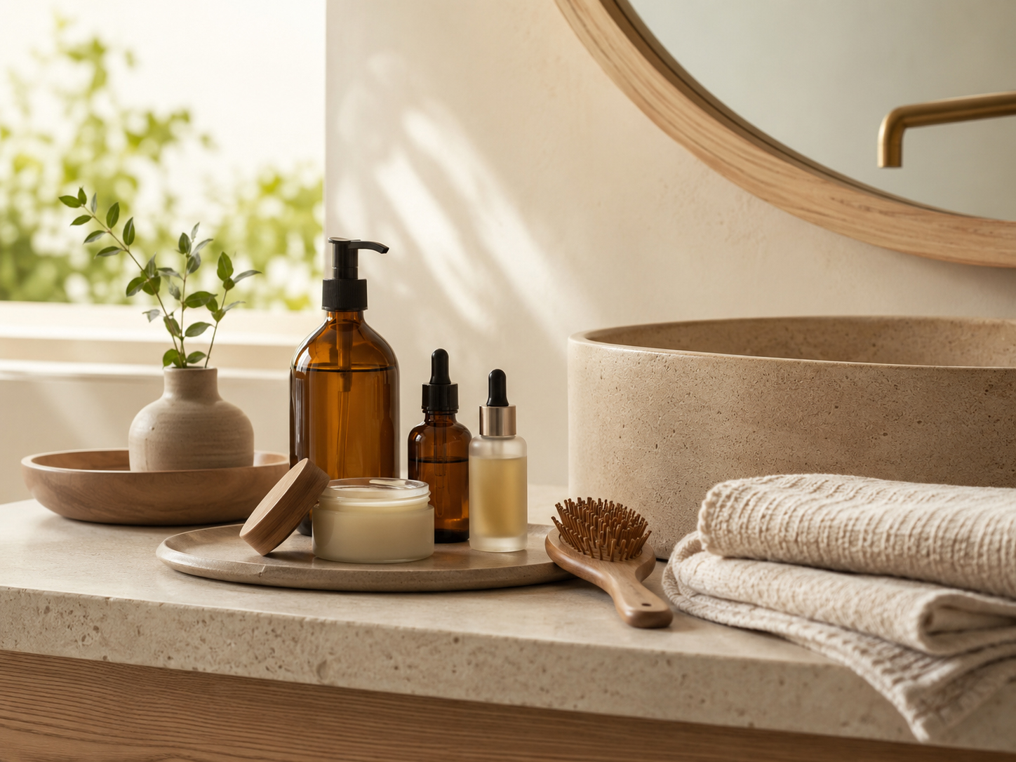 Cosmética saludable Biogar con envases de vidrio, cremas, aceites y baño natural