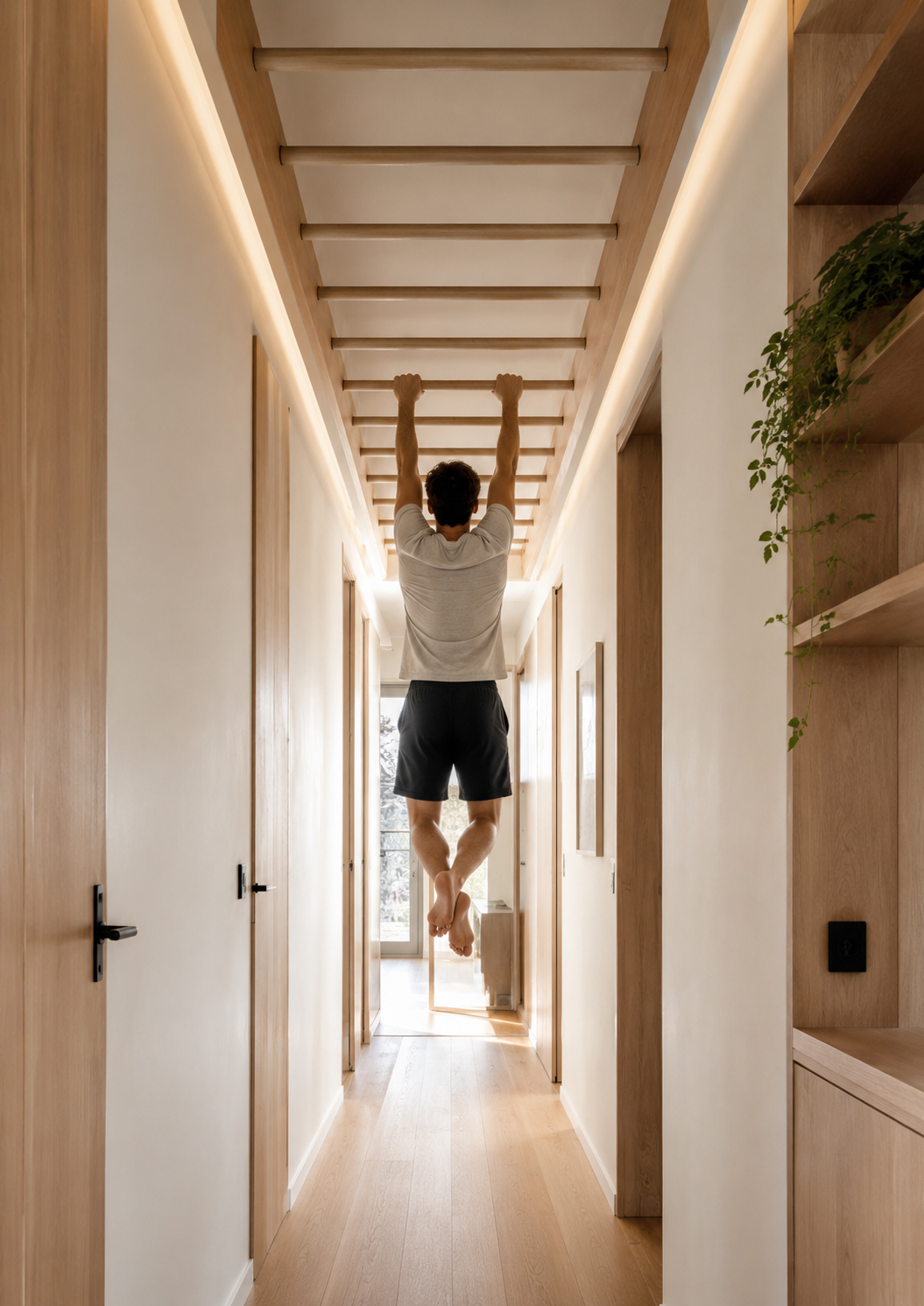 Propuesta Biogar de deporte en casa con muro de movimiento, madera natural y espacio integrado