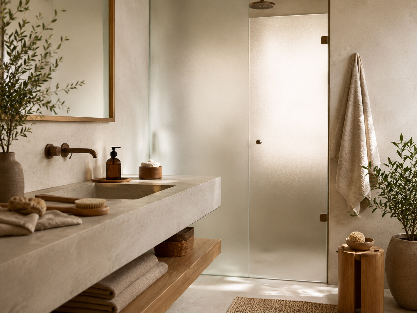 Higiene saludable Biogar con baño sereno, productos sencillos, envases de vidrio y materiales naturales