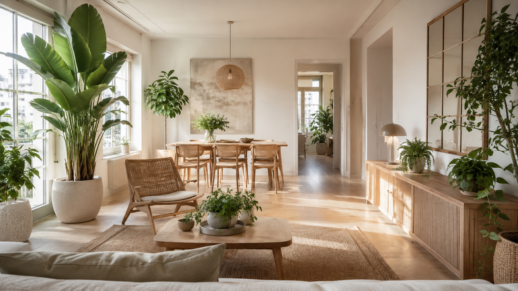 Plantas en casa Biogar integradas en una vivienda saludable con luz natural y materiales nobles