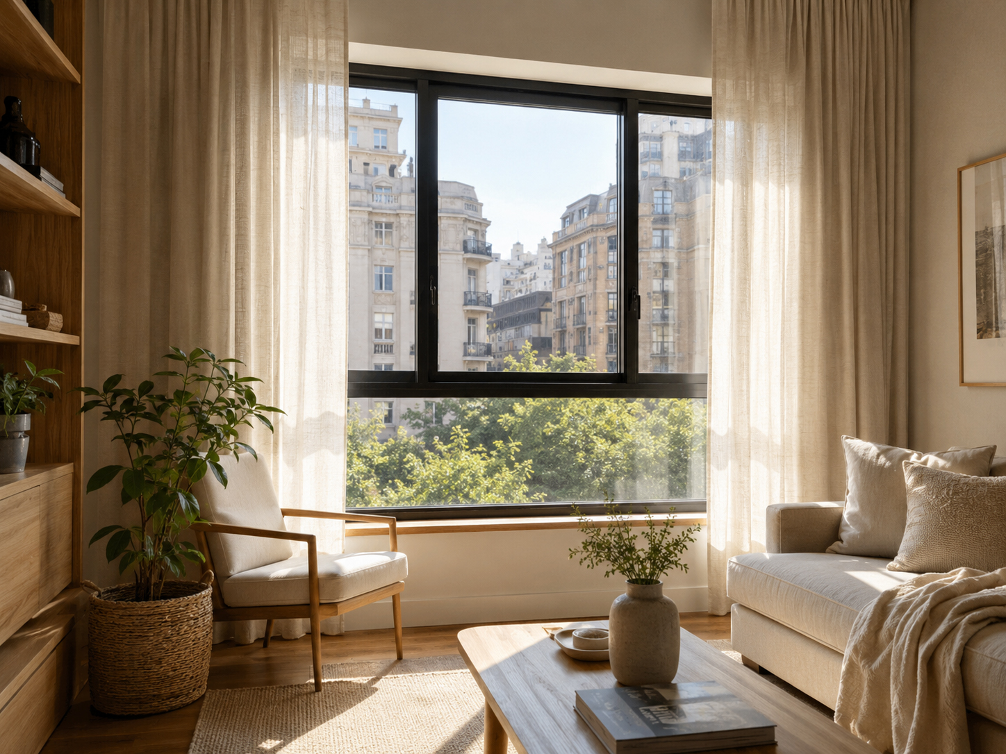 Detalle de ventana saludable Biogar con madera, luz natural y buen aislamiento