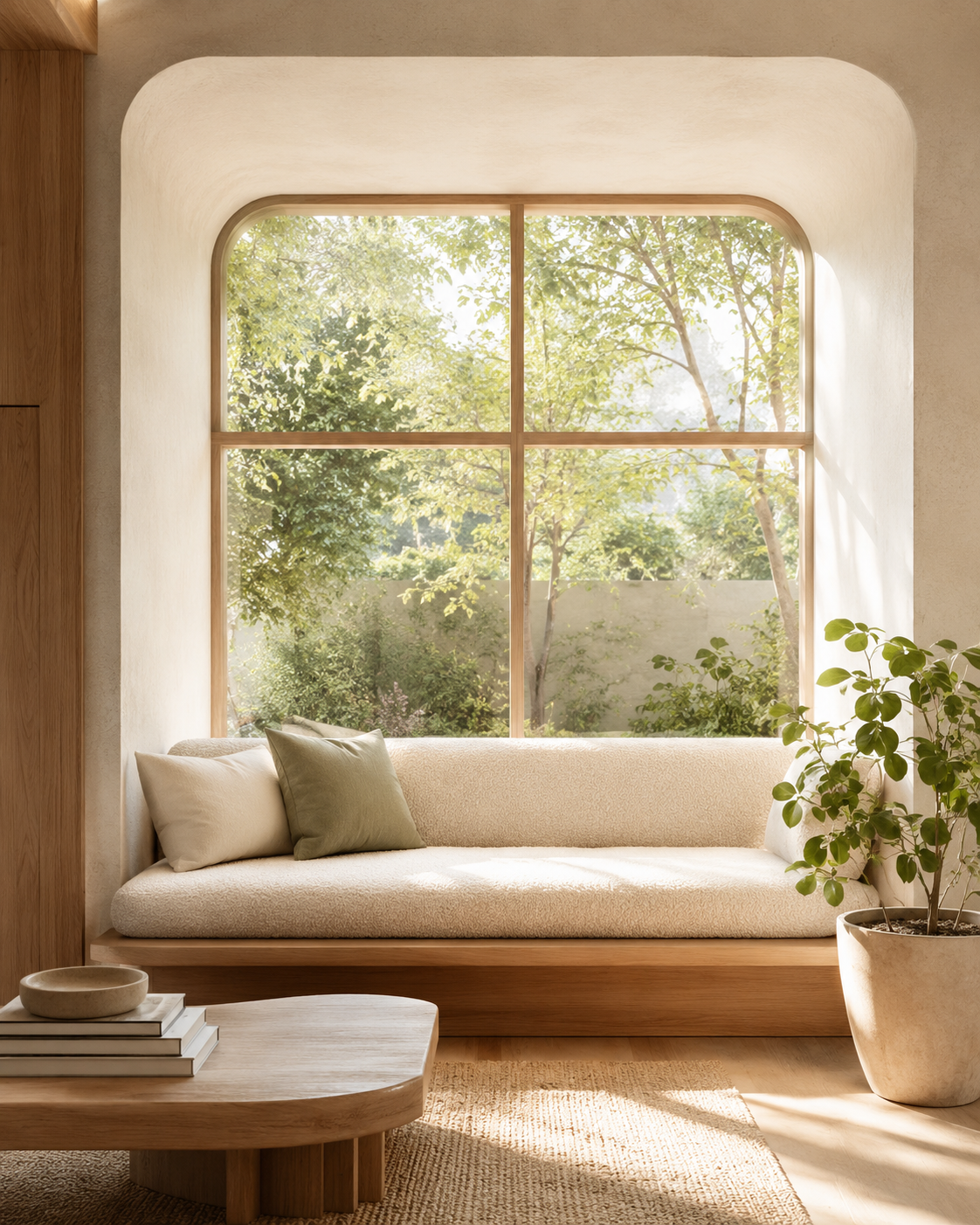 Interior luminoso de una vivienda Biogar con materiales naturales y diseño contemporáneo